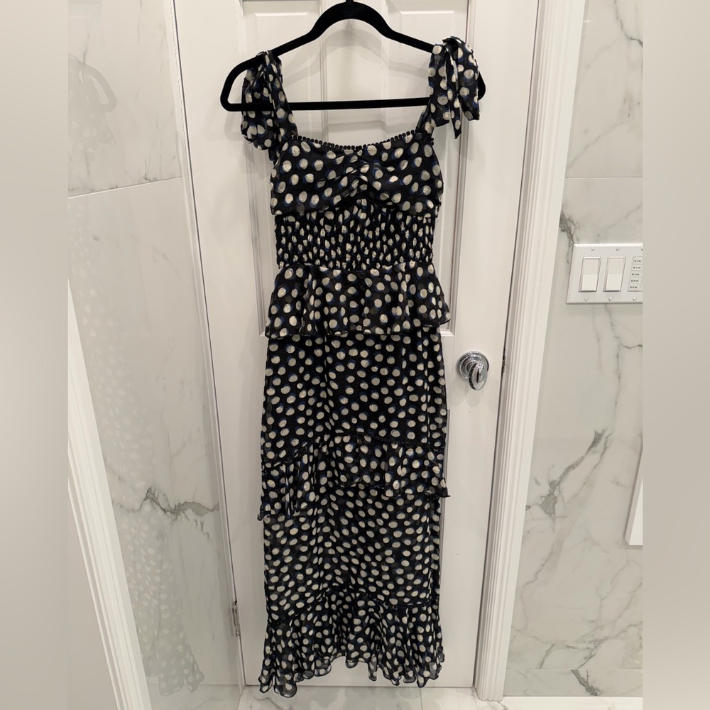 Dark Pink London Tiered Dress with Tie Shoulders in Polka Dot Print